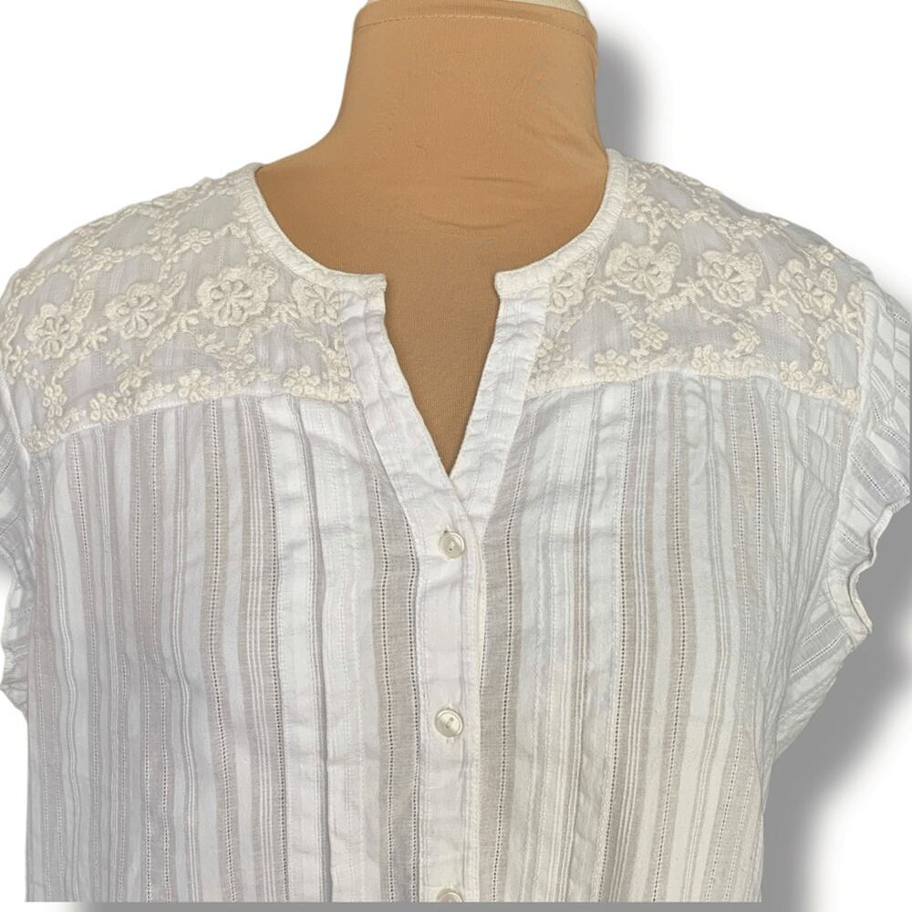 Orvis White Cotton Blouse Boho Floral Embroidery Cap Sleeve Lightweight Cottage